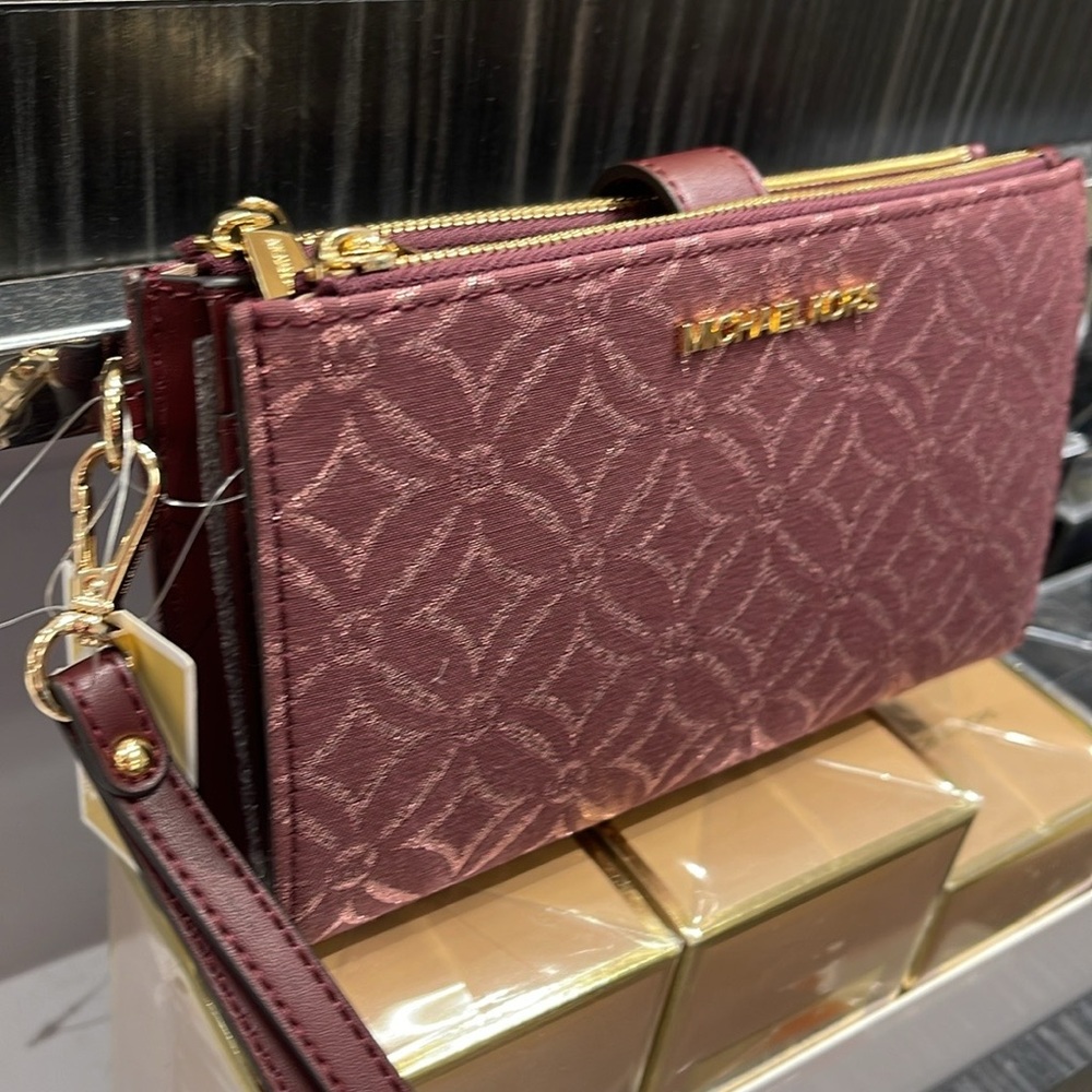 Michael Kors Jet Set Travel Large Double-Zip Wristlet-Wallet-PhoneHolder Oxblood - Picture 11 of 16